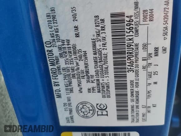 ✅ 2020 Ford Fusion Titanium • VIN: 3FA6P0RU9LR156964 • Лот: 80887005. Опубликован ранее на Copart с пробегом 111 312 миль. Бесплатный доступ к архиву аукционных продаж из США и подробный отчёт об истории автомобиля на DreamBid. Изображение 12.