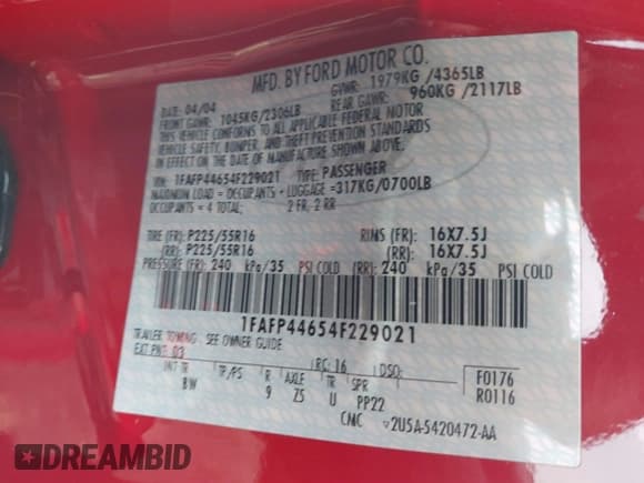 ✅ 2004 Ford Mustang Deluxe • VIN: 1FAFP44654F229021 • Лот: 42300126. Опубликован ранее на IAAI с пробегом 94 072 миль. Бесплатный доступ к архиву аукционных продаж из США и подробный отчёт об истории автомобиля на DreamBid. Изображение 9.