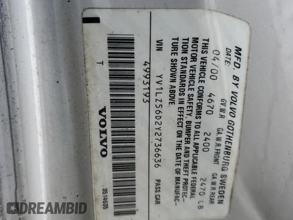 ✅ 2000 Volvo V70 • VIN: YV1LZ56D2Y2736636 • Лот: 84540094. Опубликован ранее на Copart с пробегом Не указан. Бесплатный доступ к архиву аукционных продаж из США и подробный отчёт об истории автомобиля на DreamBid. Изображение 14.