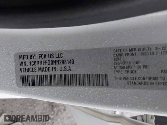 2022 Ram 1500 Big Horn with VIN 1C6RRFFG0NN298149, listed as a IAAI auction lot 43531131 with 238,021 mi miles and . Bid and sale history available at DreamBid. Image 9.