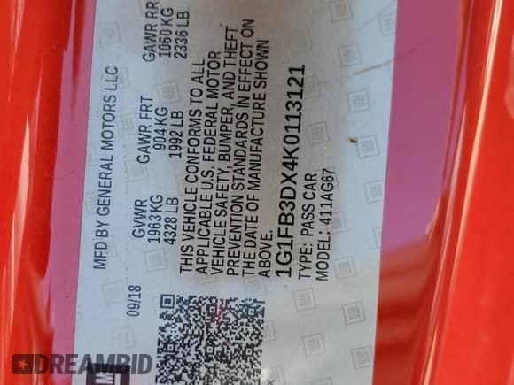 2019 Chevrolet Camaro 1LT с VIN 1G1FB3DX4K0113121, выставлен на аукционе Copart как лот 67935955 с пробегом 52 878 миль миль и Списание • Salvage title. История ставок и продаж доступна на DreamBid. Изображение 12.