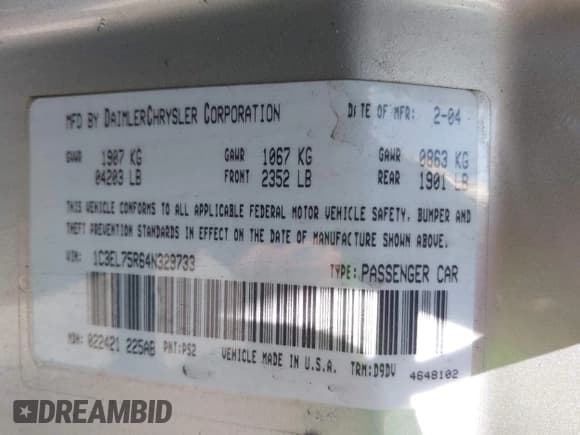 ✅ 2004 Chrysler Sebring GTC • VIN: 1C3EL75R64N329733 • Lot: 42725978. Listed on IAAI with 146,171 mi. Free auction sales archive from the USA and detailed vehicle history report at DreamBid. Image 9.