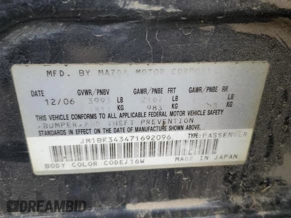 ✅ 2007 Mazda 3 S Grand Touring • VIN: JM1BK343471692096 • Lot: 64246605. Listed on Copart with 274,232 mi. Free auction sales archive from the USA and detailed vehicle history report at DreamBid. Image 13.