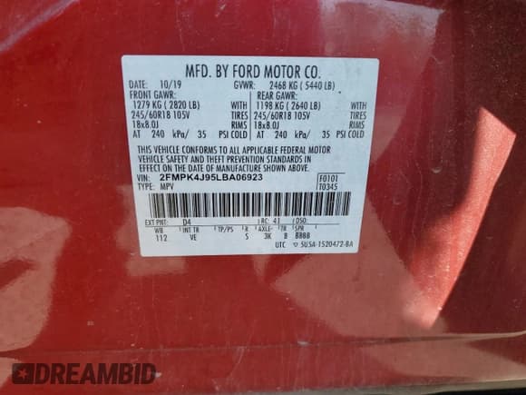 ✅ 2020 Ford Edge SEL • VIN: 2FMPK4J95LBA06923 • Lot: 55591245. Listed on Copart with 70,889 mi. Free auction sales archive from the USA and detailed vehicle history report at DreamBid. Image 13.