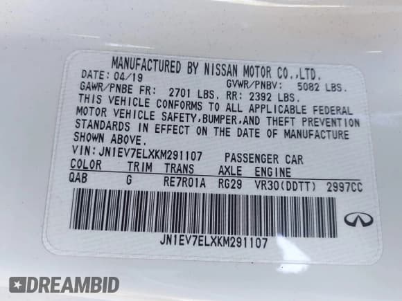 ✅ 2019 Infiniti Q60 Luxe • VIN: JN1EV7ELXKM291107 • Lot: 43461987. Listed on IAAI with 106,661 mi. Free auction sales archive from the USA and detailed vehicle history report at DreamBid. Image 9.