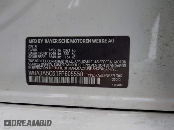 ✅ 2015 BMW 3 Series 328i • VIN: WBA3A5C51FP605558 • Lot: 43335331. Listed on IAAI with 112,895 mi. Free auction sales archive from the USA and detailed vehicle history report at DreamBid. Image 9.