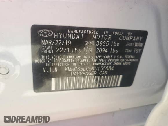 2019 Hyundai Ioniq Blue с VIN KMHC65LC5KU155584, выставлен на аукционе Copart как лот 77631544 с пробегом 54 986 миль миль и Списание • Salvage title. История ставок и продаж доступна на DreamBid. Изображение 13.