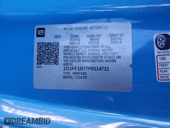 ✅ 2023 Chevrolet Camaro LT1 • VIN: 1G1FF1R77P0114711 • Lot: 43577835. Listed on Copart with 35,955 mi. Free auction sales archive from the USA and detailed vehicle history report at DreamBid. Image 12.