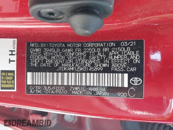 2021 Toyota Prius L Eco с VIN JTDKAMFU5M3145899, выставлен на аукционе IAAI как лот 42851640 с пробегом 114 429 миль миль и . История ставок и продаж доступна на DreamBid. Изображение 9.