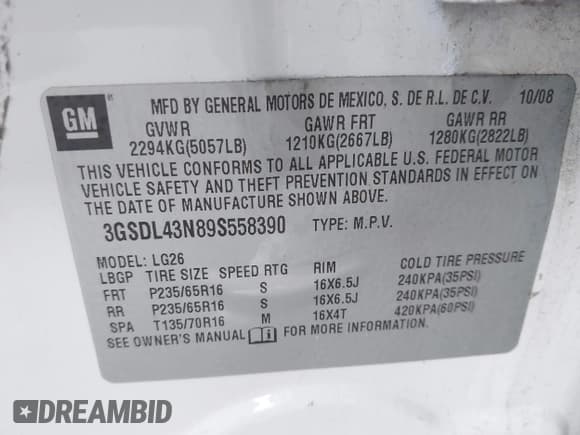 ✅ 2009 Saturn VUE XE • VIN: 3GSDL43N89S558390 • Lot: 42769320. Listed on IAAI with 172,468 mi. Free auction sales archive from the USA and detailed vehicle history report at DreamBid. Image 9.