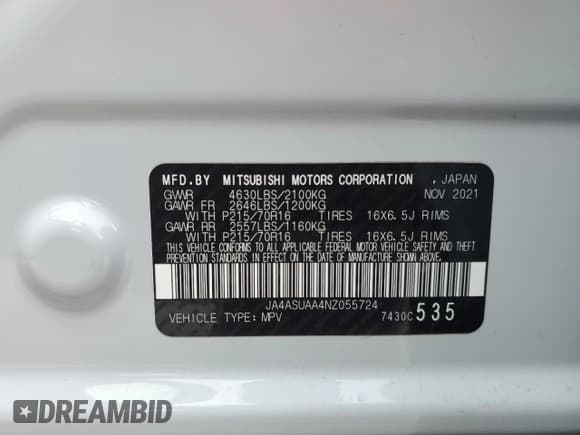 ✅ 2022 Mitsubishi Eclipse Cross ES • VIN: JA4ASUAA4NZ055724 • Lot: 63081295. Listed on Copart with 89,572 mi. Free auction sales archive from the USA and detailed vehicle history report at DreamBid. Image 13.