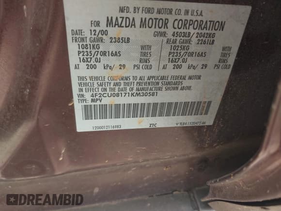 ✅ 2001 Mazda Tribute LX • VIN: 4F2CU08171KM30581 • Лот: 42479258. Опубликован ранее на IAAI с пробегом 168 970 миль. Бесплатный доступ к архиву аукционных продаж из США и подробный отчёт об истории автомобиля на DreamBid. Изображение 9.