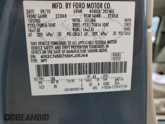2011 Mercury Mariner z VIN 4M2CN8B76BKJ06364, wystawiony jako Copart lot #50040745 z przebiegiem 153 675 mil mil oraz Szkoda całkowita • Salvage title. Historia ofert i sprzedaży dostępna na DreamBid. Obrazek 13.