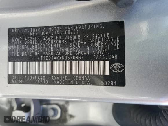 2022 Toyota Camry Hybrid LE z VIN 4T1C31AKXNU570867, wystawiony jako Copart lot #81447885 z przebiegiem 237 715 mil mil oraz Szkoda całkowita • Salvage title. Historia ofert i sprzedaży dostępna na DreamBid. Obrazek 12.