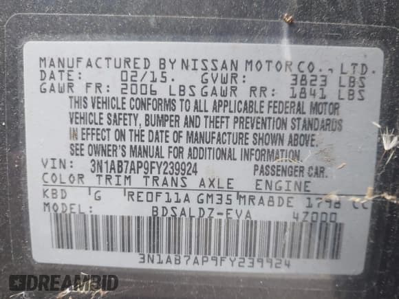 ✅ 2015 Nissan Sentra SV • VIN: 3N1AB7AP9FY239924 • Lot: 43725839. Wystawiony na IAAI z przebiegiem 102 196 mil. Bezpłatny archiwum sprzedaży aukcyjnych z USA i szczegółowy raport historii pojazdu na DreamBid. Zdjęcie 9.