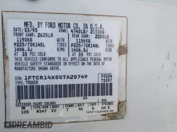 ✅ 1995 Ford Ranger Splash • VIN: 1FTCR14X0STA20749 • Lot: 43816270. Listed on IAAI with 82,505 mi. Free auction sales archive from the USA and detailed vehicle history report at DreamBid. Image 9.