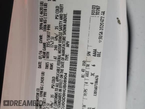 ✅ 2017 Ford Escape SE • VIN: 1FMCU0GD9HUB08904 • Lot: 71559995. Listed on Copart with 149,393 mi. Free auction sales archive from the USA and detailed vehicle history report at DreamBid. Image 12.