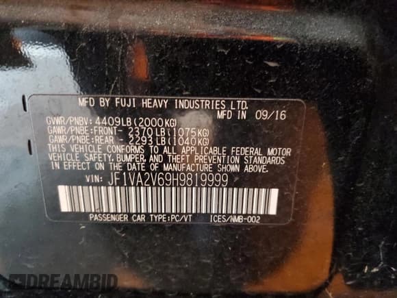 ✅ 2017 Subaru WRX STI • VIN: JF1VA2V69H9819999 • Lot: 82733285. Listed on Copart with 95,593 mi. Free auction sales archive from the USA and detailed vehicle history report at DreamBid. Image 12.