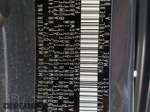 ✅ 2024 Toyota Corolla LE • VIN: 5YFB4MDE3RP202974 • Lot: 56200375. Listed on Copart with 20,315 mi. Free auction sales archive from the USA and detailed vehicle history report at DreamBid. Image 12.