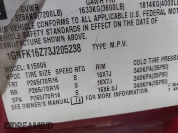 ✅ 2003 Chevrolet Suburban LT • VIN: 1GNFK16Z73J205238 • Лот: 42575386. Опубликован ранее на IAAI с пробегом 292 319 миль. Бесплатный доступ к архиву аукционных продаж из США и подробный отчёт об истории автомобиля на DreamBid. Изображение 9.