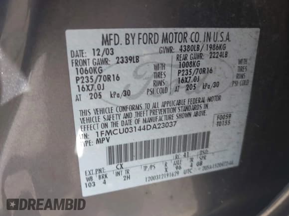 ✅ 2004 Ford Escape XLT • VIN: 1FMCU03144DA23037 • Лот: 43177594. Опубликован ранее на IAAI с пробегом 186 311 миль. Бесплатный доступ к архиву аукционных продаж из США и подробный отчёт об истории автомобиля на DreamBid. Изображение 9.