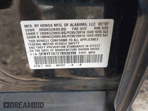 ✅ 2007 Honda Pilot EX-L • VIN: 5FNYF28727B030398 • Lot: 43278038. Listed on IAAI with 252,086 mi. Free auction sales archive from the USA and detailed vehicle history report at DreamBid. Image 9.