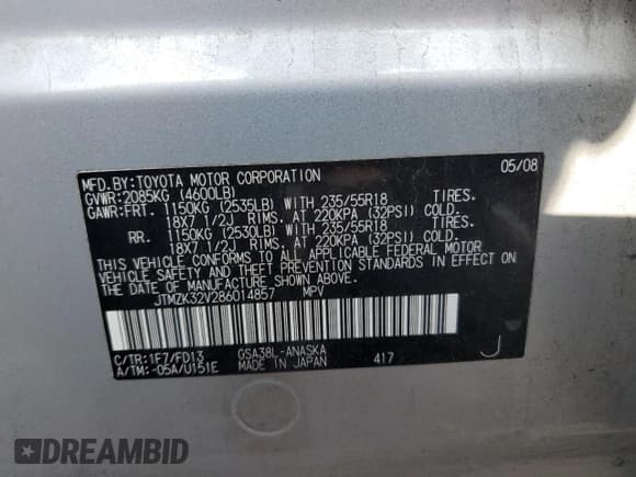 ✅ 2008 Toyota RAV4 Sport • VIN: JTMZK32V286014857 • Lot: 63349275. Listed on Copart with 176,997 mi. Free auction sales archive from the USA and detailed vehicle history report at DreamBid. Image 13.