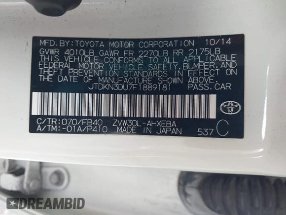 ✅ 2015 Toyota Prius Two • VIN: JTDKN3DU7F1889181 • Lot: 43662541. Listed on IAAI with 129,340 mi. Free auction sales archive from the USA and detailed vehicle history report at DreamBid. Image 9.