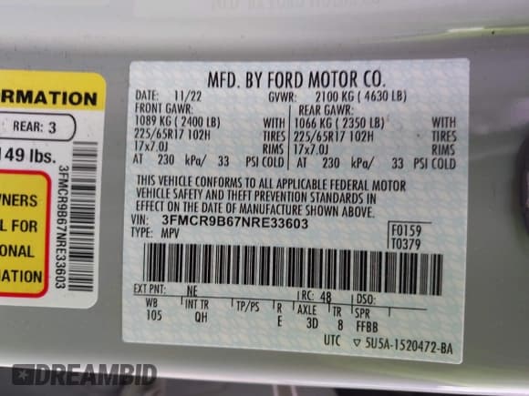 ✅ 2022 Ford Bronco Sport Big Bend • VIN: 3FMCR9B67NRE33603 • Lot: 42978709. Listed on IAAI with 52,364 mi. Free auction sales archive from the USA and detailed vehicle history report at DreamBid. Image 9.