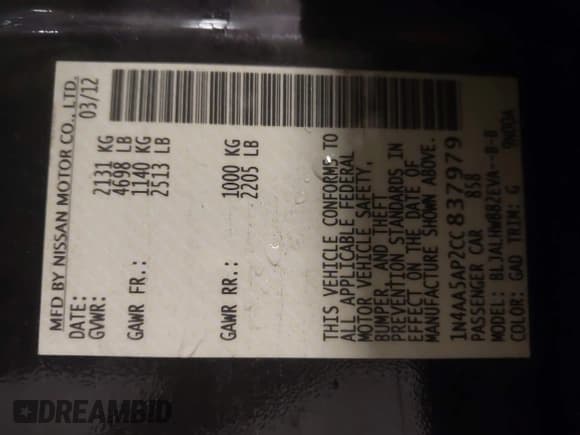 ✅ 2012 Nissan Maxima SV • VIN: 1N4AA5AP2CC837979 • Lot: 43498810. Listed on IAAI with 147,647 mi. Free auction sales archive from the USA and detailed vehicle history report at DreamBid. Image 9.