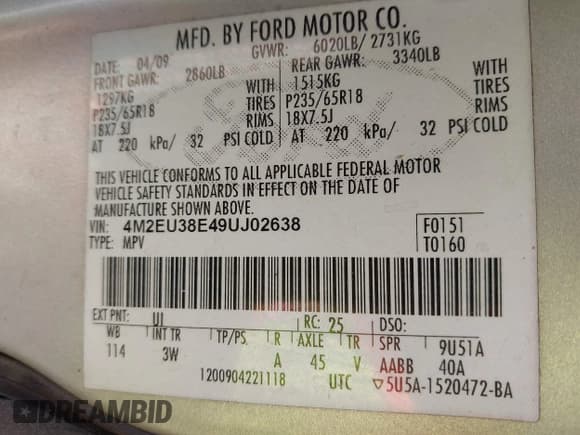 ✅ 2009 Mercury Mountaineer Premier • VIN: 4M2EU38E49UJ02638 • Lot: 42017692. Wystawiony na IAAI z przebiegiem 277 374 mil. Bezpłatny archiwum sprzedaży aukcyjnych z USA i szczegółowy raport historii pojazdu na DreamBid. Zdjęcie 9.