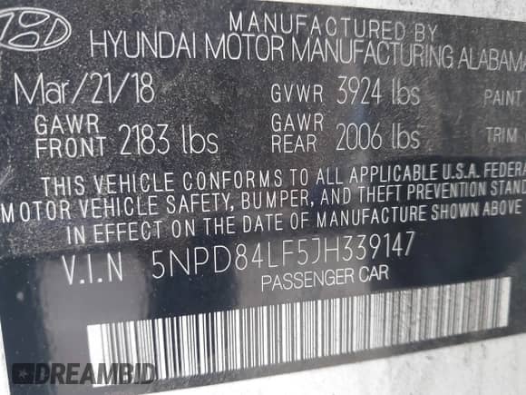 2018 Hyundai Elantra SEL with VIN 5NPD84LF5JH339147, listed as a IAAI auction lot 42973026 with 127,507 mi miles and . Bid and sale history available at DreamBid. Image 9.