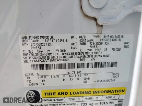 ✅ 2021 Ford Expedition Max Limited • VIN: 1FMJK2AT1MEA25657 • Lot: 42057025. Listed on IAAI with 88,323 mi. Free auction sales archive from the USA and detailed vehicle history report at DreamBid. Image 9.