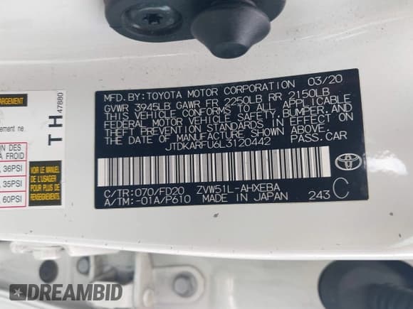 ✅ 2020 Toyota Prius LE • VIN: JTDKARFU6L3120442 • Lot: 43402603. Listed on IAAI with 77,570 mi. Free auction sales archive from the USA and detailed vehicle history report at DreamBid. Image 9.