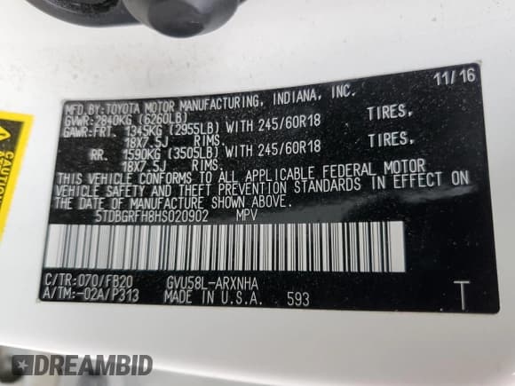 ✅ 2017 Toyota Highlander Hybrid LE • VIN: 5TDBGRFH8HS020902 • Лот: 68752033. Опубликован ранее на Copart с пробегом 103 787 миль. Бесплатный доступ к архиву аукционных продаж из США и подробный отчёт об истории автомобиля на DreamBid. Изображение 14.