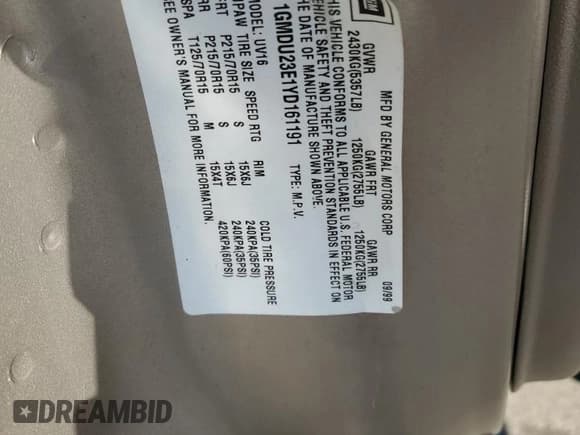 ✅ 2000 Pontiac Montana 6-Passenger Seating • VIN: 1GMDU23E1YD161191 • Lot: 75875084. Wystawiony na Copart z przebiegiem 127 983 mil. Bezpłatny archiwum sprzedaży aukcyjnych z USA i szczegółowy raport historii pojazdu na DreamBid. Zdjęcie 13.