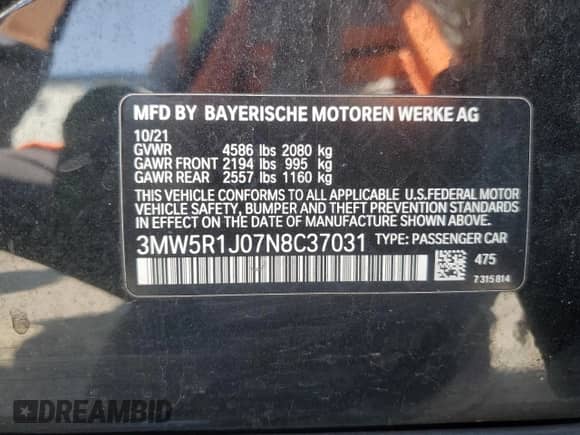 2022 BMW 3 Series 330i z VIN 3MW5R1J07N8C37031, wystawiony jako Copart lot #64571865 z przebiegiem 70 832 mil mil oraz Szkoda całkowita • Salvage title. Historia ofert i sprzedaży dostępna na DreamBid. Obrazek 12.