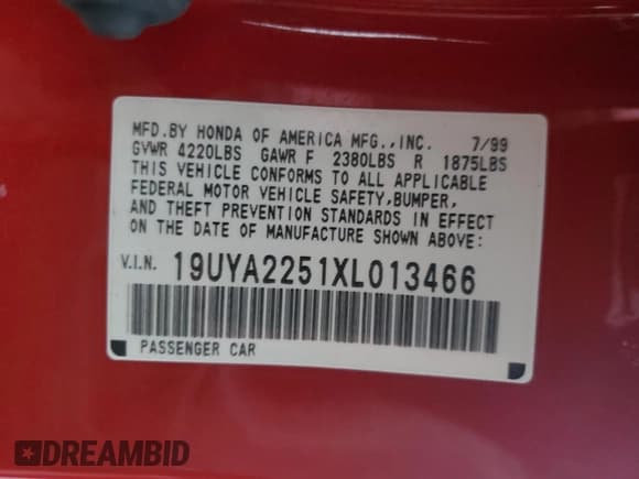 ✅ 1999 Acura CL • VIN: 19UYA2251XL013466 • Lot: 86105624. Listed on Copart with 155,867 mi. Free auction sales archive from the USA and detailed vehicle history report at DreamBid. Image 12.