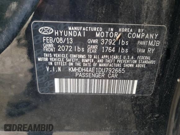2013 Hyundai Elantra Limited z VIN KMHDH4AE1DU792665, wystawiony jako Copart lot #71178005 z przebiegiem 175 847 mil mil oraz Szkoda całkowita • Salvage title. Historia ofert i sprzedaży dostępna na DreamBid. Obrazek 12.