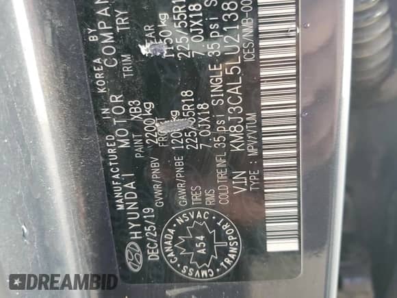 2020 Hyundai Tucson Ultimate z VIN KM8J3CAL5LU213881, wystawiony jako Copart lot #70758155 z przebiegiem 194 598 mil mil oraz Czysty tytuł • Clean title. Historia ofert i sprzedaży dostępna na DreamBid. Obrazek 12.