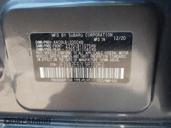 ✅ 2020 Subaru WRX STI • VIN: JF1VA2E62L9832263 • Lot: 42976173. Listed on IAAI with 43,948 mi. Free auction sales archive from the USA and detailed vehicle history report at DreamBid. Image 9.