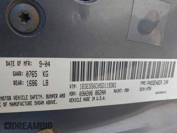 2005 Dodge Neon SXT z VIN 1B3ES56C05D119361, wystawiony jako IAAI lot #42132604 z przebiegiem Nie podano mil oraz . Historia ofert i sprzedaży dostępna na DreamBid. Obrazek 9.