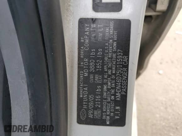 2005 Hyundai Elantra GLS z VIN KMHDN46D75U115937, wystawiony jako Copart lot #77410514 z przebiegiem 128 015 mil mil oraz Szkoda całkowita • Salvage title. Historia ofert i sprzedaży dostępna na DreamBid. Obrazek 12.