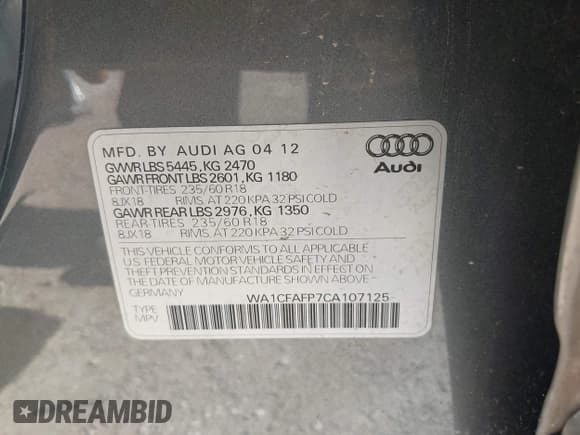 ✅ 2012 Audi Q5 Premium • VIN: WA1CFAFP7CA107125 • Lot: 41994340. Listed on IAAI with 120,575 mi. Free auction sales archive from the USA and detailed vehicle history report at DreamBid. Image 9.