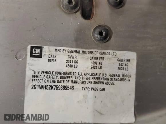 2005 Chevrolet Impala LS с VIN 2G1WH52K759389546, выставлен на аукционе Copart как лот 74569624 с пробегом 220 520 миль миль и Списание • Salvage title. История ставок и продаж доступна на DreamBid. Изображение 12.