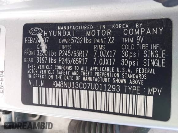 2007 Hyundai Veracruz GLS с VIN KM8NU13C07U011293, выставлен на аукционе IAAI как лот 41654684 с пробегом 251 231 миль миль и . История ставок и продаж доступна на DreamBid. Изображение 9.