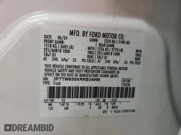 ✅ 2024 Ford Maverick Lariat • VIN: 3FTTW8S9XRRB34999 • Lot: 81441515. Wystawiony na Copart z przebiegiem 42 287 mil. Bezpłatny archiwum sprzedaży aukcyjnych z USA i szczegółowy raport historii pojazdu na DreamBid. Zdjęcie 13.