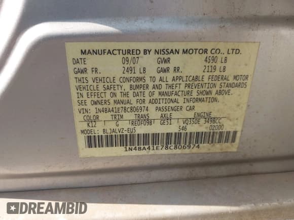 ✅ 2008 Nissan Maxima SE • VIN: 1N4BA41E78C806974 • Lot: 42890948. Listed on IAAI with 167,952 mi. Free auction sales archive from the USA and detailed vehicle history report at DreamBid. Image 9.