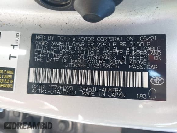 ✅ 2021 Toyota Prius L Eco • VIN: JTDKAMFU1M3152056 • Lot: 43657997. Listed on IAAI with 83,328 mi. Free auction sales archive from the USA and detailed vehicle history report at DreamBid. Image 9.