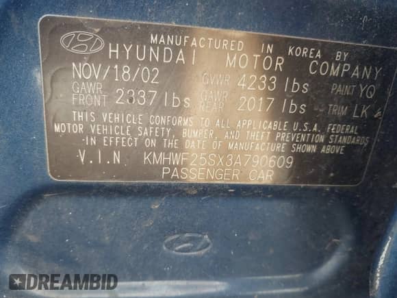 2003 Hyundai Sonata с VIN KMHWF25SX3A790609, выставлен на аукционе IAAI как лот 41716098 с пробегом 216 240 миль миль и . История ставок и продаж доступна на DreamBid. Изображение 9.
